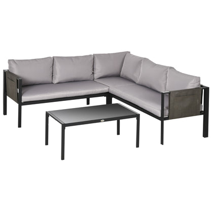 4-Piece Garden Set with 2 Two-Seater Sofas, Corner Armchair, and Tempered Glass Coffee Table, in Gray and Black