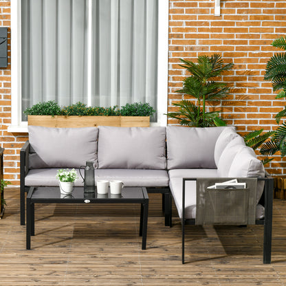 4-Piece Garden Set with 2 Two-Seater Sofas, Corner Armchair, and Tempered Glass Coffee Table, in Gray and Black