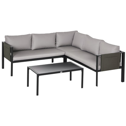 4-Piece Garden Set with 2 Two-Seater Sofas, Corner Armchair, and Tempered Glass Coffee Table, in Gray and Black
