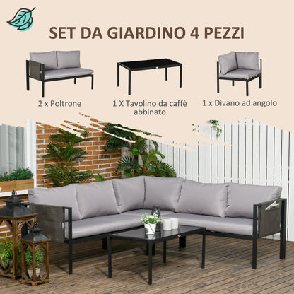 4-Piece Garden Set with 2 Two-Seater Sofas, Corner Armchair, and Tempered Glass Coffee Table, in Gray and Black