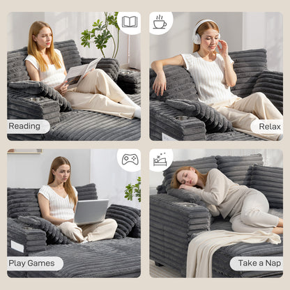 2-Seater Sofa Bed with Chaise, Gray Corduroy, Throw Pillows, Armrests & Cup Holders – 53" x 59"