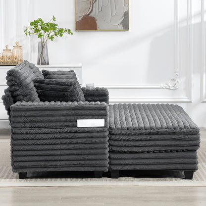 2-Seater Sofa Bed with Chaise, Gray Corduroy, Throw Pillows, Armrests & Cup Holders – 53" x 59"