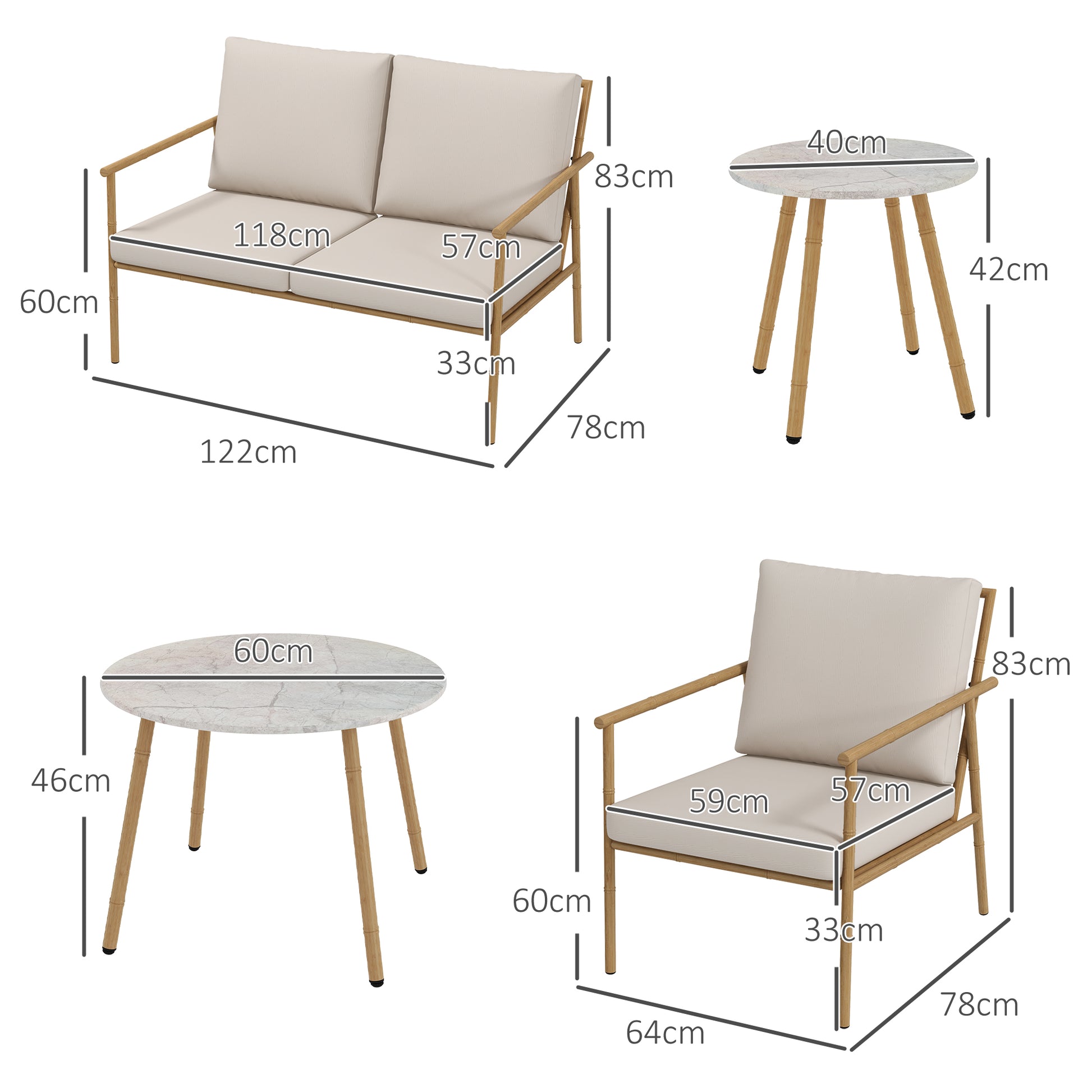 5-piece seating group, garden furniture set with 2 chairs, coffee table set, 1 two-seater, garden set with seat cushions for balcony, terrace, Cream