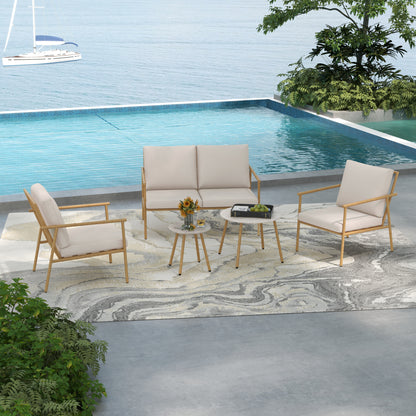 5-piece seating group, garden furniture set with 2 chairs, coffee table set, 1 two-seater, garden set with seat cushions for balcony, terrace, Cream