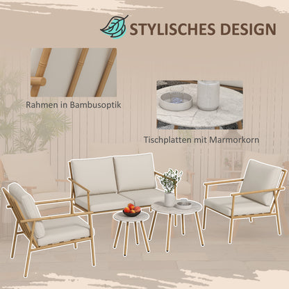 5-piece seating group, garden furniture set with 2 chairs, coffee table set, 1 two-seater, garden set with seat cushions for balcony, terrace, Cream