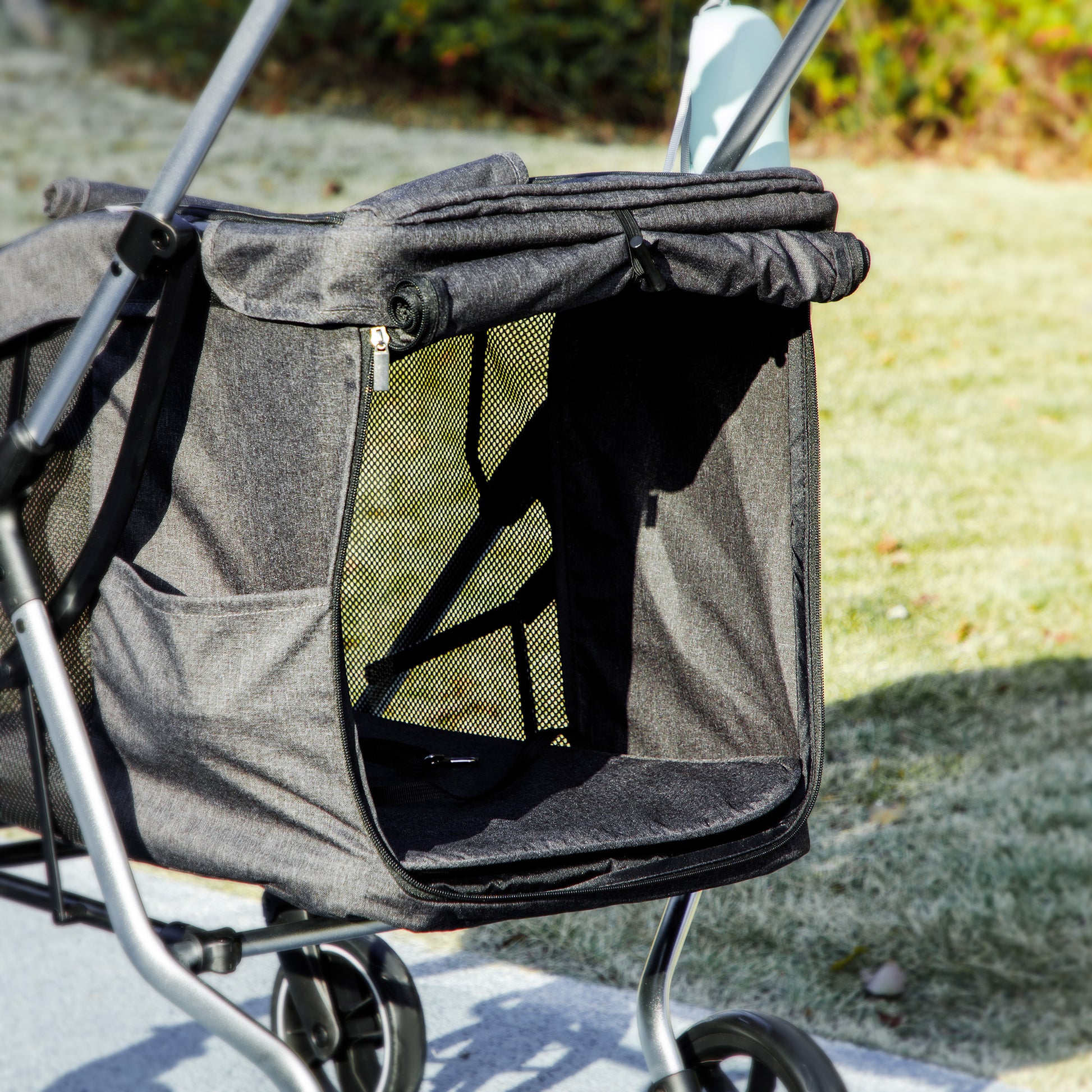 Dog Cart Light Dog Buggy Made of Aluminum Foldable for Dogs & Cats Cat Buggy with Cushion Mesh Windows Doors Storage Basket Cat Carriage Buggy Gray