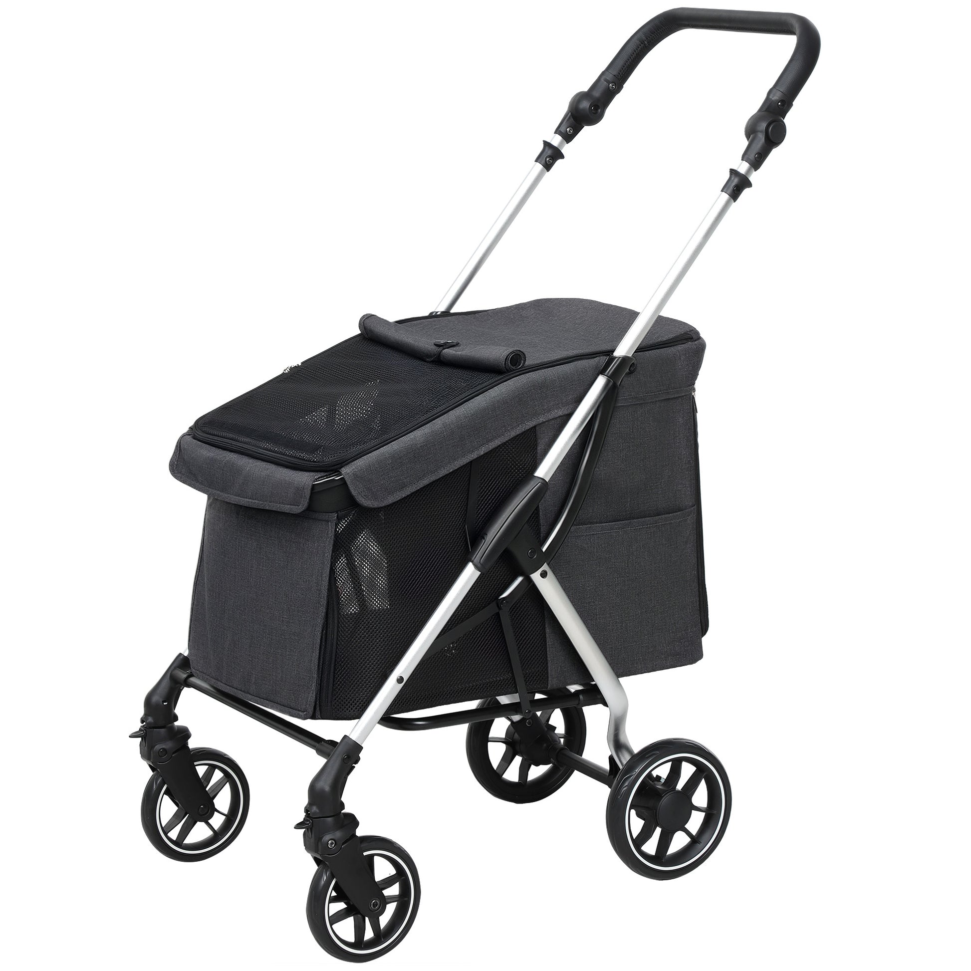 Dog Cart Light Dog Buggy Made of Aluminum Foldable for Dogs & Cats Cat Buggy with Cushion Mesh Windows Doors Storage Basket Cat Carriage Buggy Gray