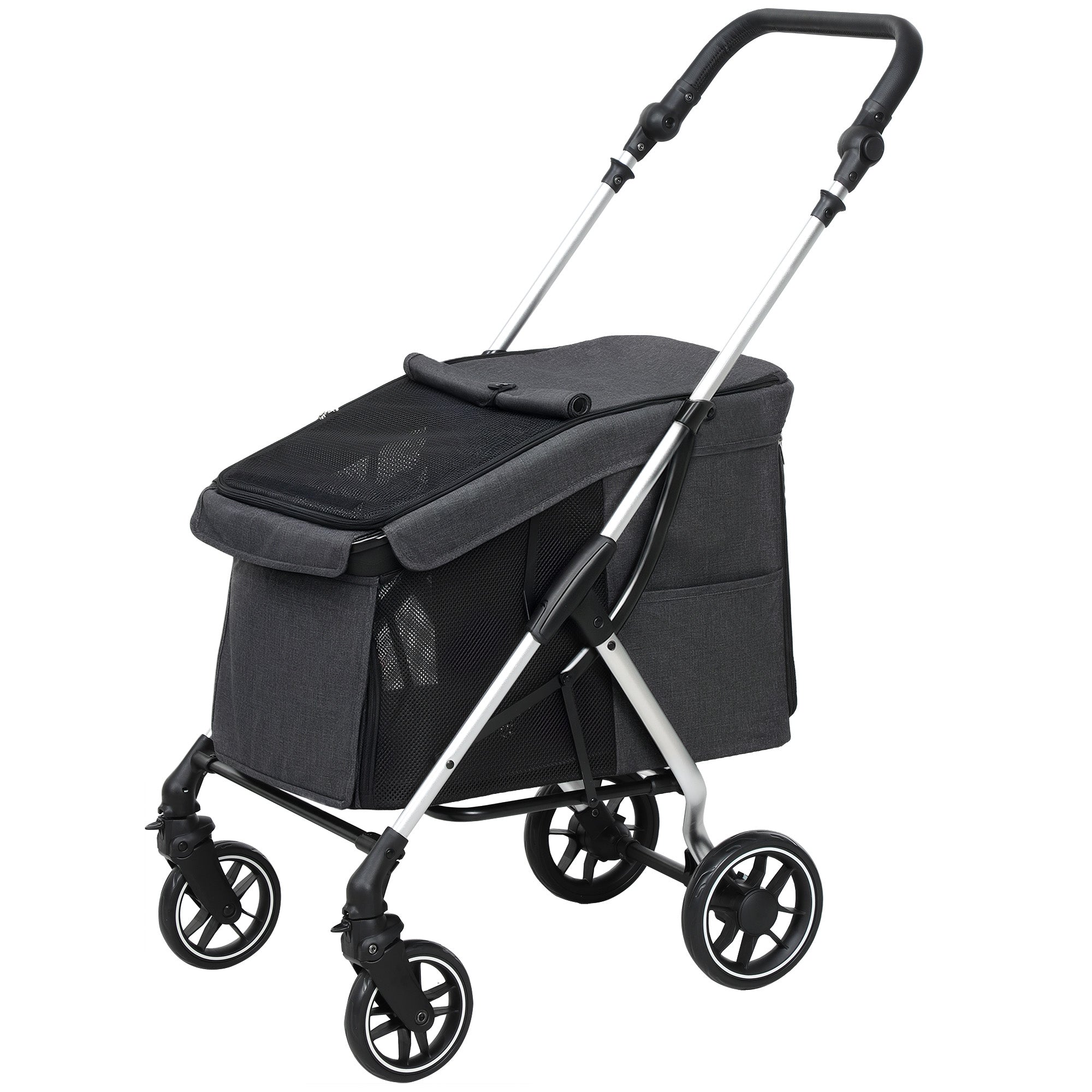 Dog Cart Light Dog Buggy Made of Aluminum Foldable for Dogs & Cats Cat Buggy with Cushion Mesh Windows Doors Storage Basket Cat Carriage Buggy Gray