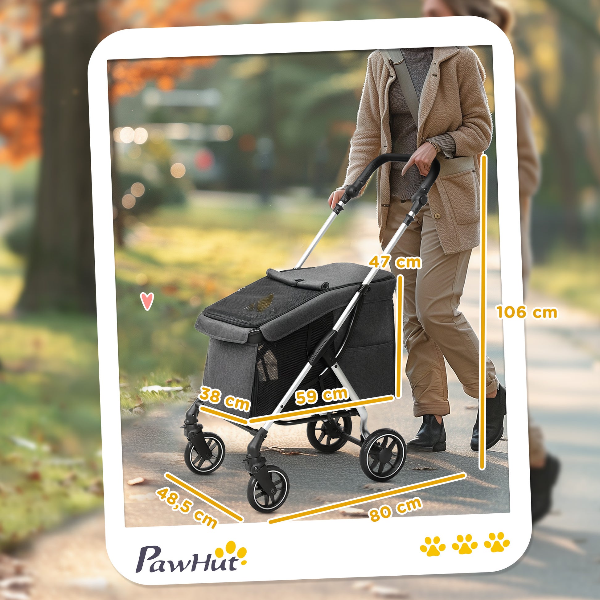 Dog Cart Light Dog Buggy Made of Aluminum Foldable for Dogs & Cats Cat Buggy with Cushion Mesh Windows Doors Storage Basket Cat Carriage Buggy Gray