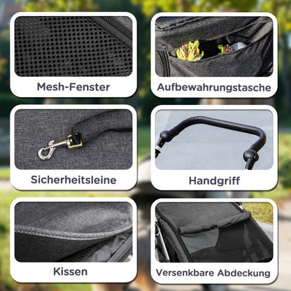 Dog Cart Light Dog Buggy Made of Aluminum Foldable for Dogs & Cats Cat Buggy with Cushion Mesh Windows Doors Storage Basket Cat Carriage Buggy Gray