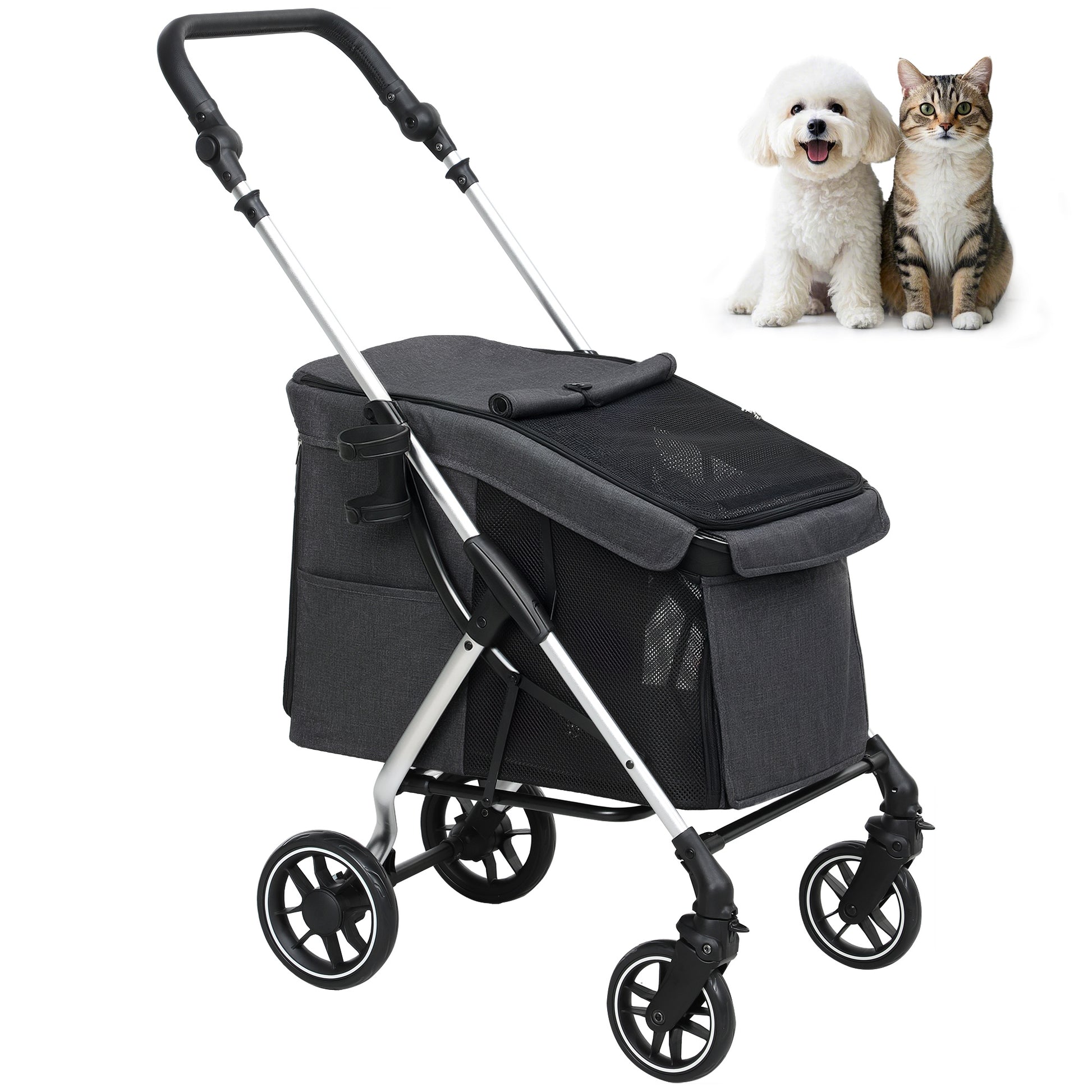 Dog Cart Light Dog Buggy Made of Aluminum Foldable for Dogs & Cats Cat Buggy with Cushion Mesh Windows Doors Storage Basket Cat Carriage Buggy Gray