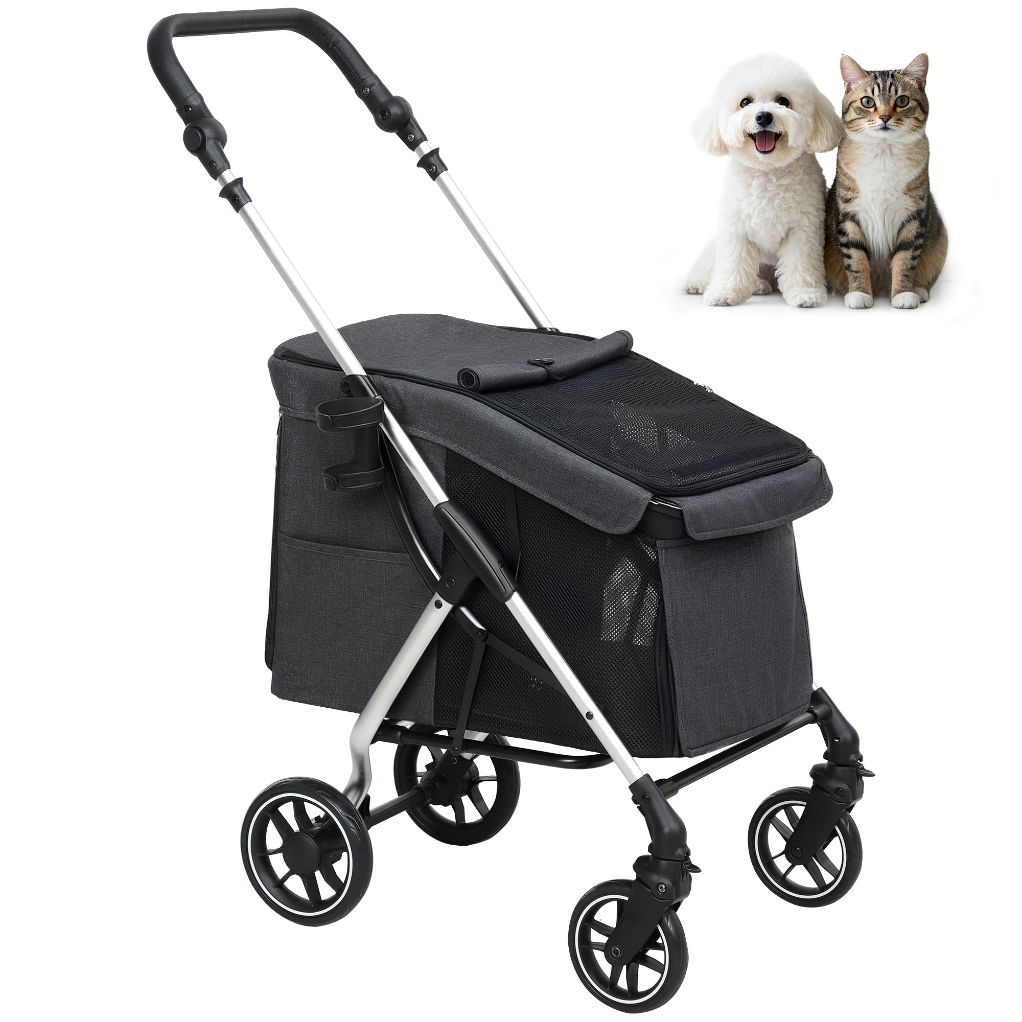 Dog Cart Light Dog Buggy Made of Aluminum Foldable for Dogs & Cats Cat Buggy with Cushion Mesh Windows Doors Storage Basket Cat Carriage Buggy Gray