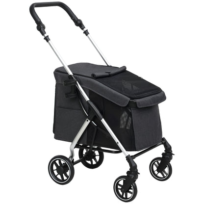 Dog Cart Light Dog Buggy Made of Aluminum Foldable for Dogs & Cats Cat Buggy with Cushion Mesh Windows Doors Storage Basket Cat Carriage Buggy Gray