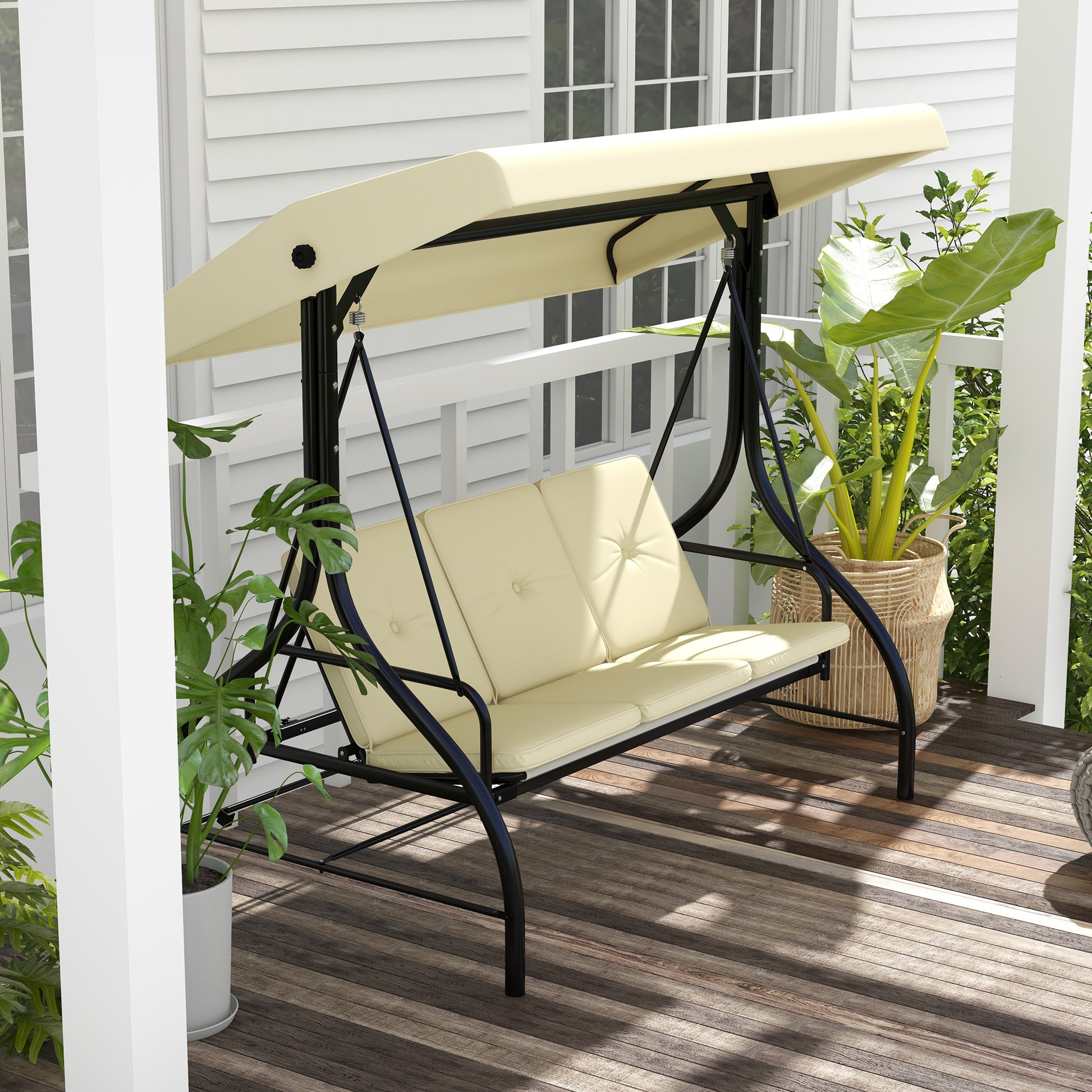 2 in 1 Hollywood Swing with Adjustable Sun Canopy, 3-Seater Garden Swing with a Load Capacity of 240kg, Garden Lounger for Garden, Terrace, 195x117x175 cm, Beige