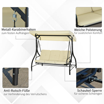 2 in 1 Hollywood Swing with Adjustable Sun Canopy, 3-Seater Garden Swing with a Load Capacity of 240kg, Garden Lounger for Garden, Terrace, 195x117x175 cm, Beige
