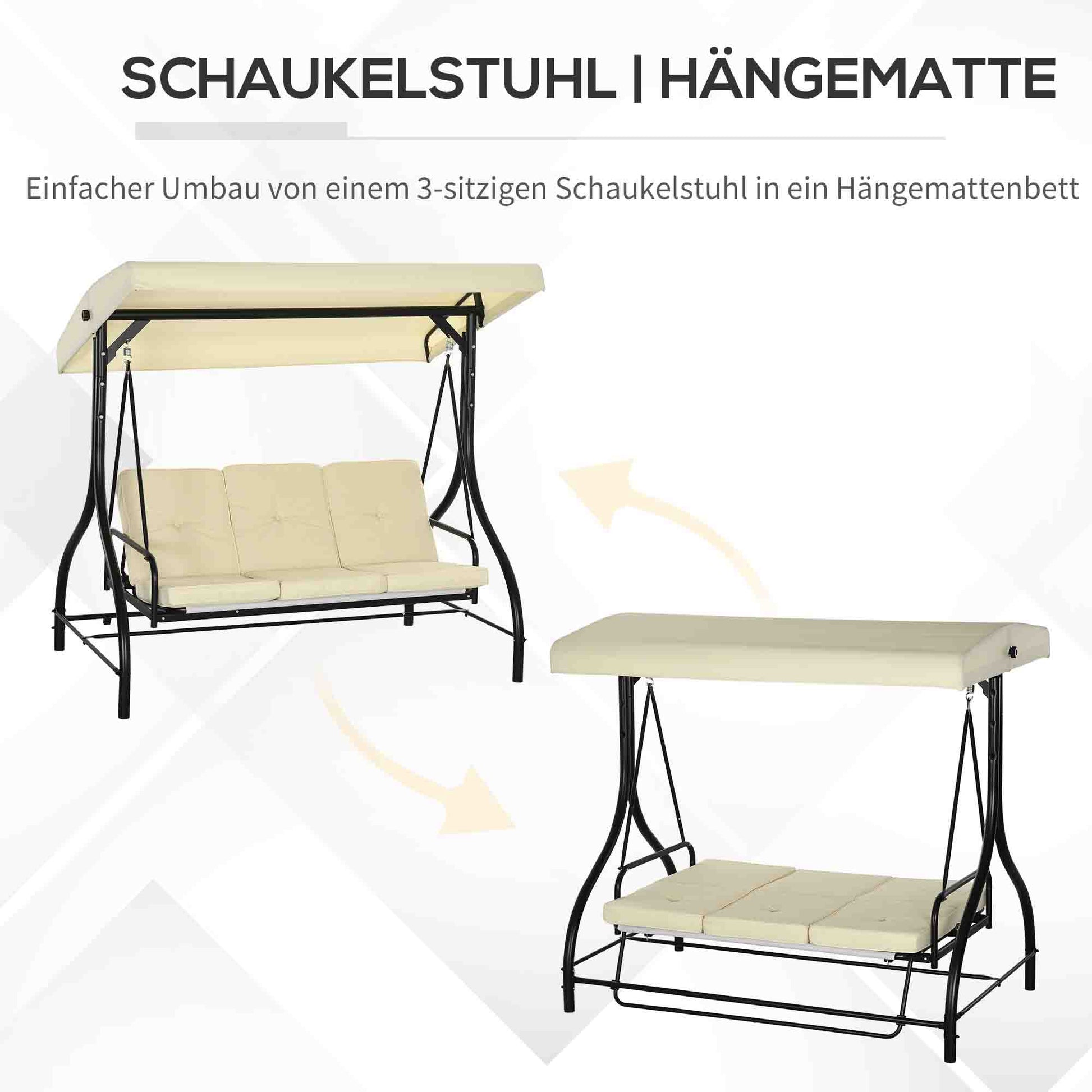 2 in 1 Hollywood Swing with Adjustable Sun Canopy, 3-Seater Garden Swing with a Load Capacity of 240kg, Garden Lounger for Garden, Terrace, 195x117x175 cm, Beige