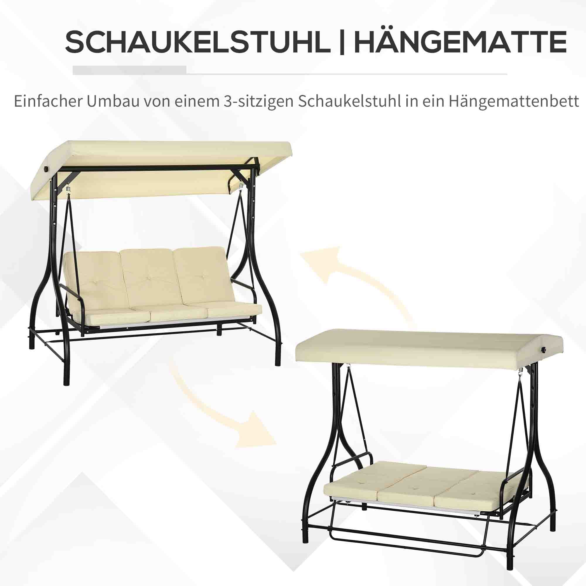 2 in 1 Hollywood Swing with Adjustable Sun Canopy, 3-Seater Garden Swing with a Load Capacity of 240kg, Garden Lounger for Garden, Terrace, 195x117x175 cm, Beige