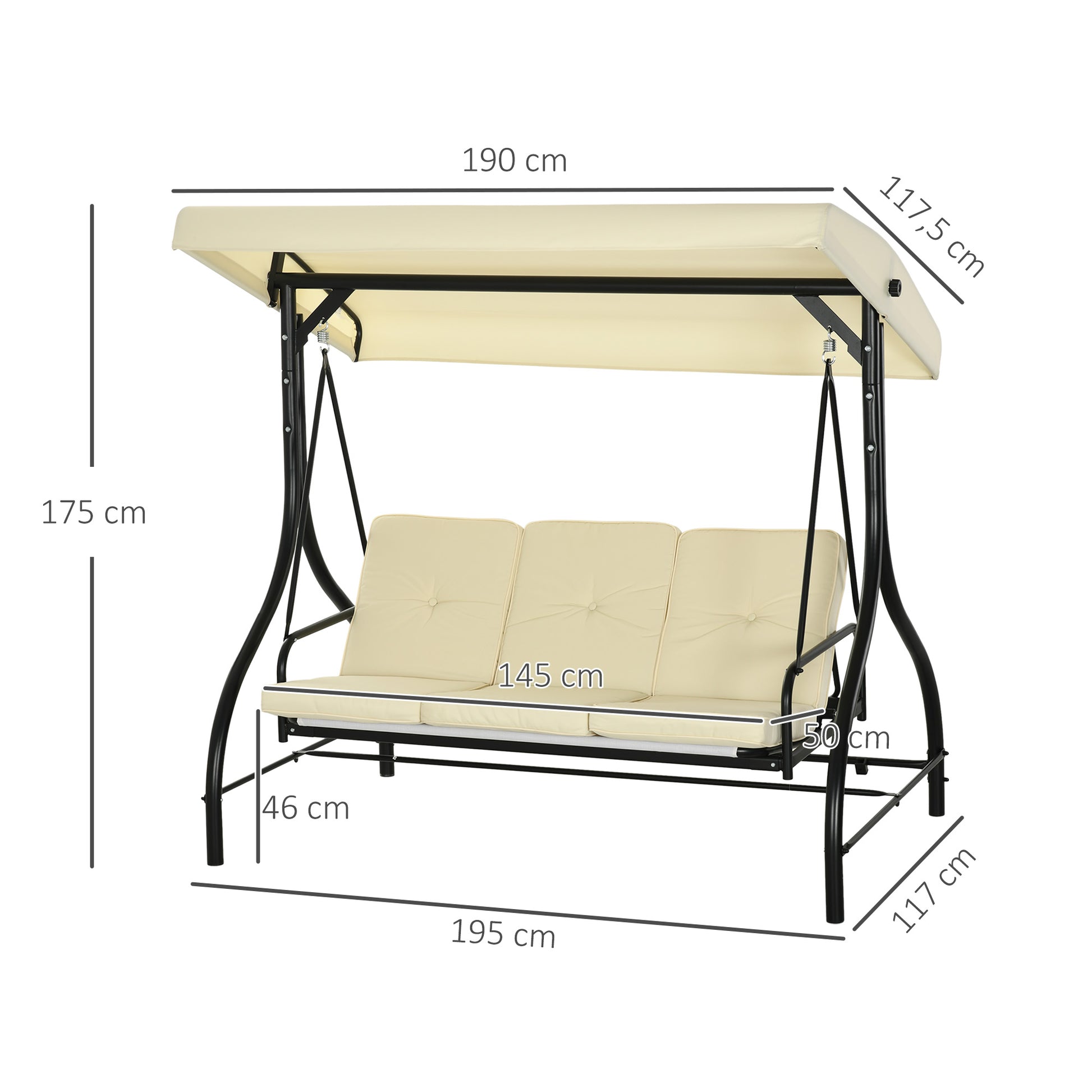 2 in 1 Hollywood Swing with Adjustable Sun Canopy, 3-Seater Garden Swing with a Load Capacity of 240kg, Garden Lounger for Garden, Terrace, 195x117x175 cm, Beige