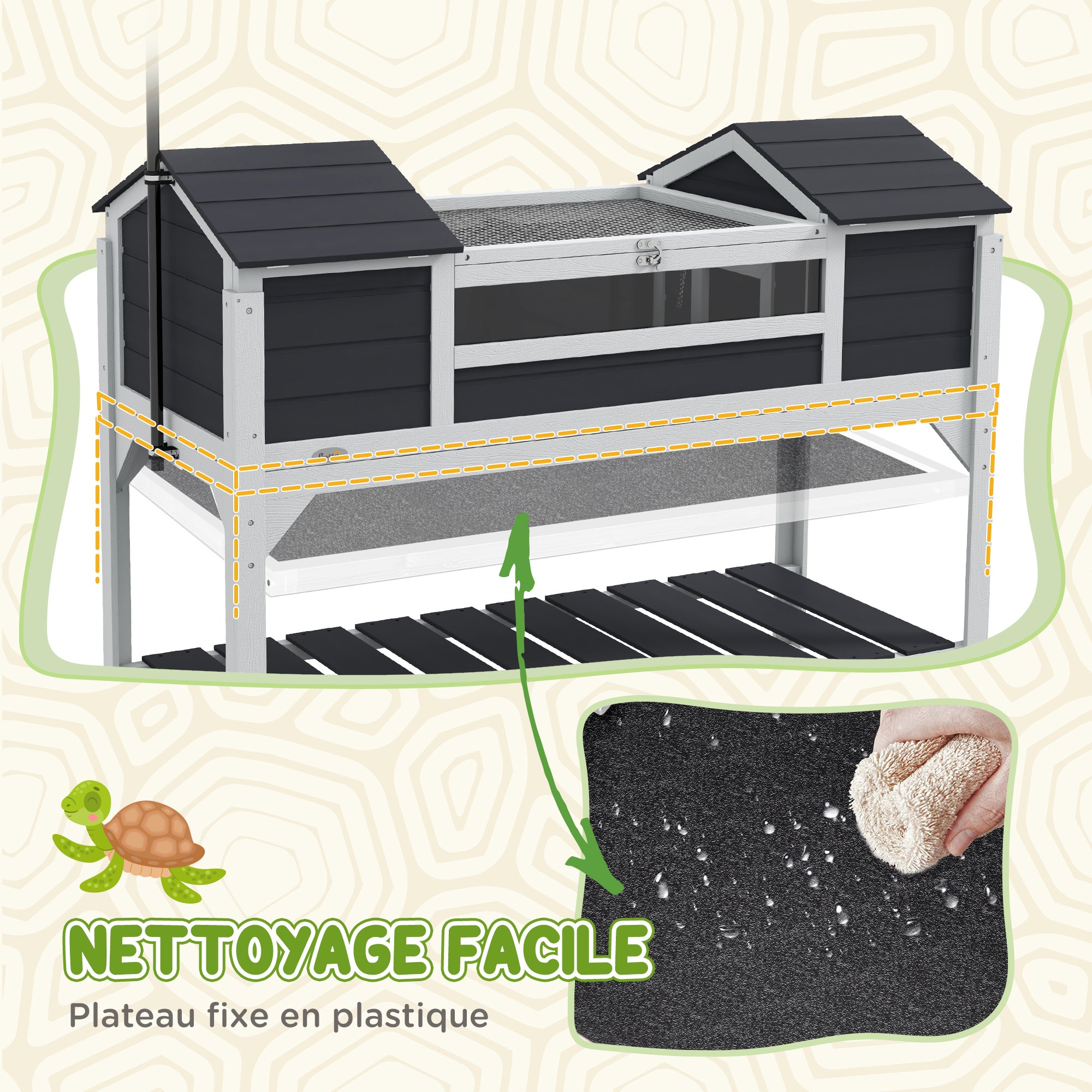 Outdoor Land Turtle House, Wooden Turtle Enclosure, 2 Hideaways, Adjustable Lamp Stand, Openable Roof, Earth Turtle Cage, Transparent Acrylic Window, Gray