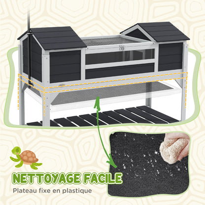 Outdoor Land Turtle House, Wooden Turtle Enclosure, 2 Hideaways, Adjustable Lamp Stand, Openable Roof, Earth Turtle Cage, Transparent Acrylic Window, Gray