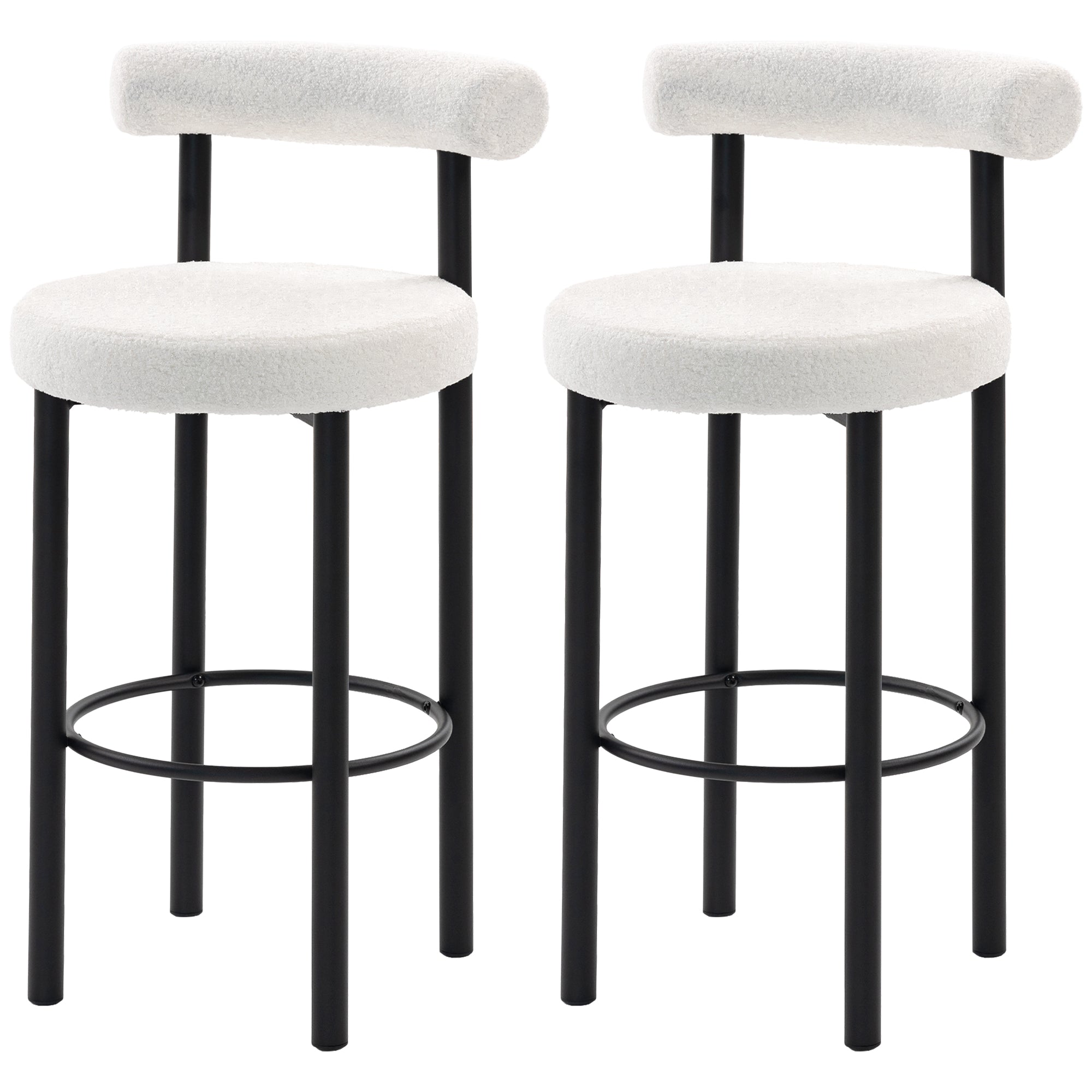 Set of 2 Bouclé Bar Stools with Curved Back, Footrest & Metal Legs, 19.7 x 20.7 x 38.6 in, Cream