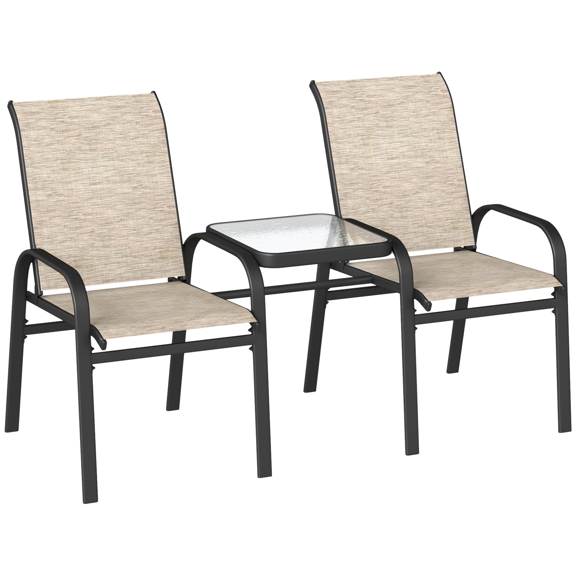 2-Seater Garden Bench with Low Glass Central Table, Outdoor Set with Mesh Seat, High Backrest and Armrests, Brown and Black