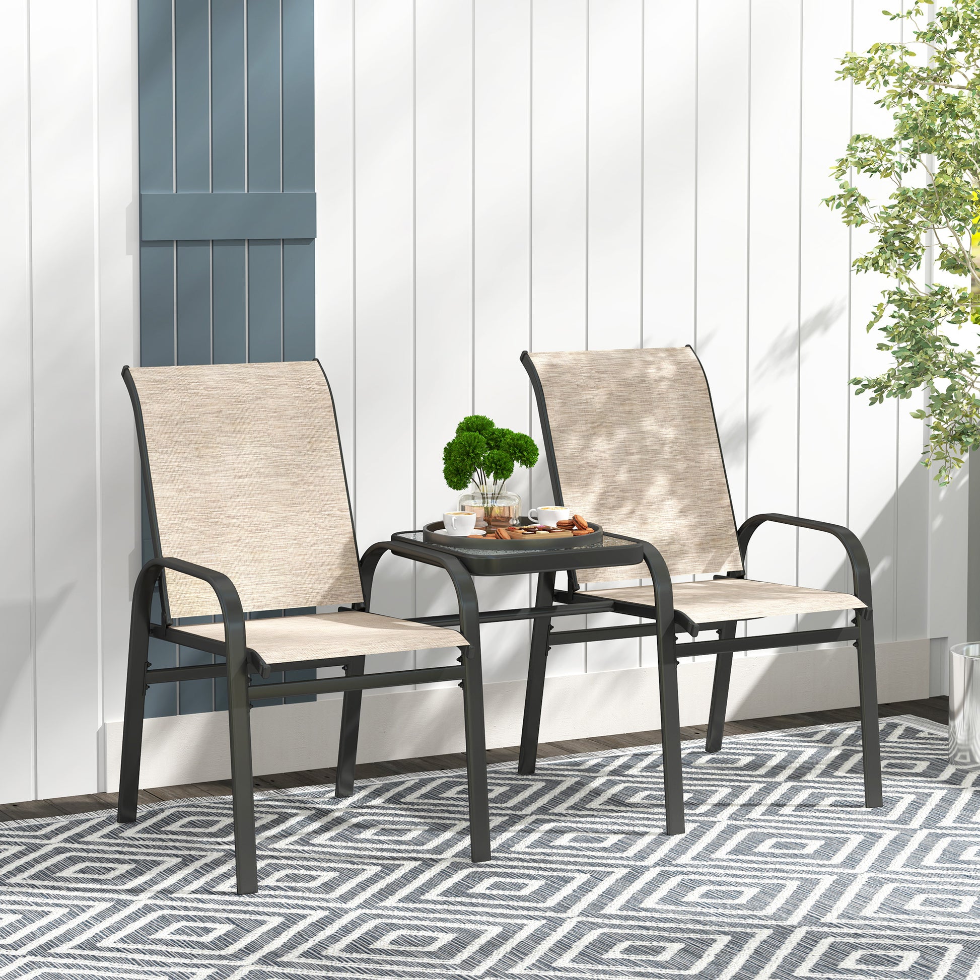 2-Seater Garden Bench with Low Glass Central Table, Outdoor Set with Mesh Seat, High Backrest and Armrests, Brown and Black