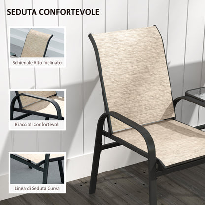 2-Seater Garden Bench with Low Glass Central Table, Outdoor Set with Mesh Seat, High Backrest and Armrests, Brown and Black