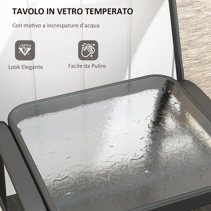 2-Seater Garden Bench with Low Glass Central Table, Outdoor Set with Mesh Seat, High Backrest and Armrests, Brown and Black