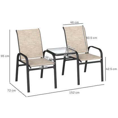 2-Seater Garden Bench with Low Glass Central Table, Outdoor Set with Mesh Seat, High Backrest and Armrests, Brown and Black