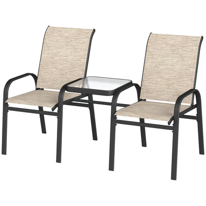 2-Seater Garden Bench with Low Glass Central Table, Outdoor Set with Mesh Seat, High Backrest and Armrests, Brown and Black