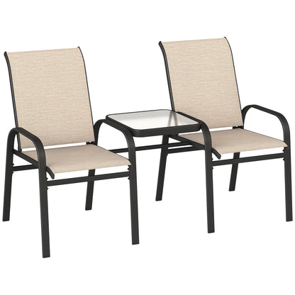 2-Seater Garden Bench with Low Glass Central Table, Outdoor Set with Mesh Seat, High Backrest and Armrests, Brown and Black