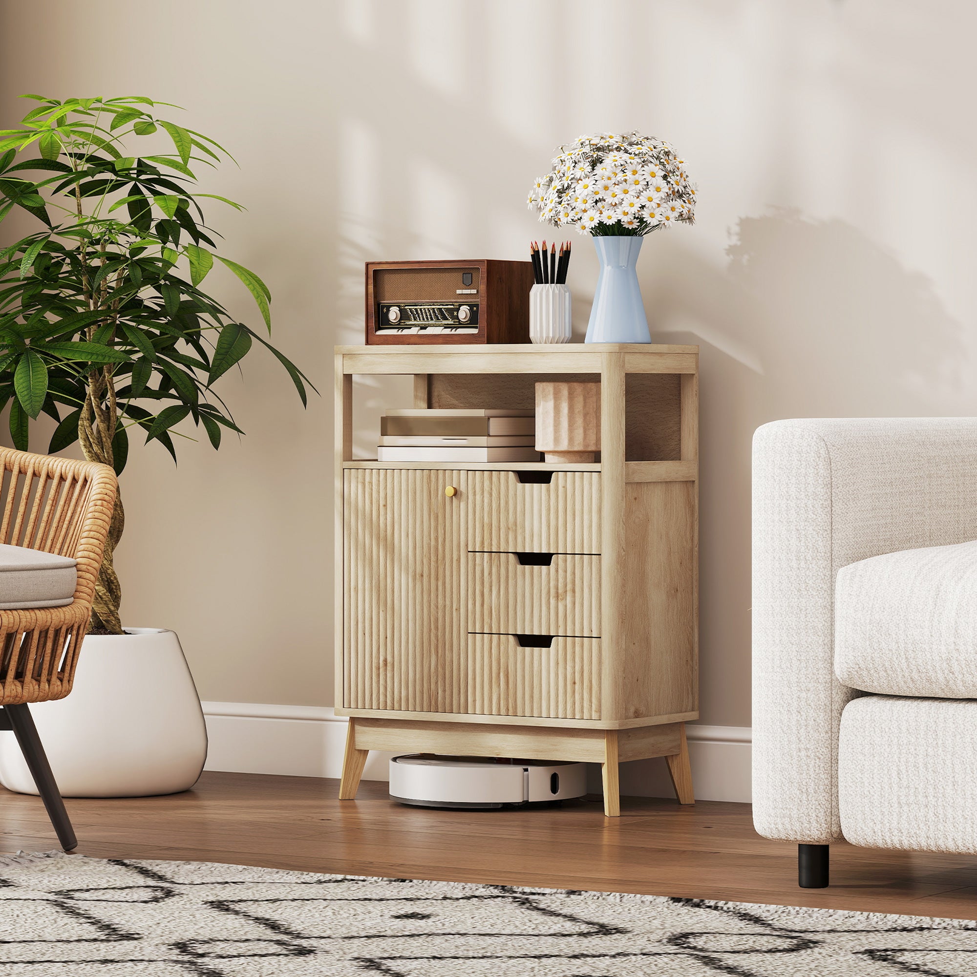 Modern Style Buffet Sideboard Storage Cabinet with Doors, Adjustable Shelf, and Open Shelf - Dining Room, Kitchen, and Living Room Buffet, 60 x 30 x 81 cm, Natural Wood