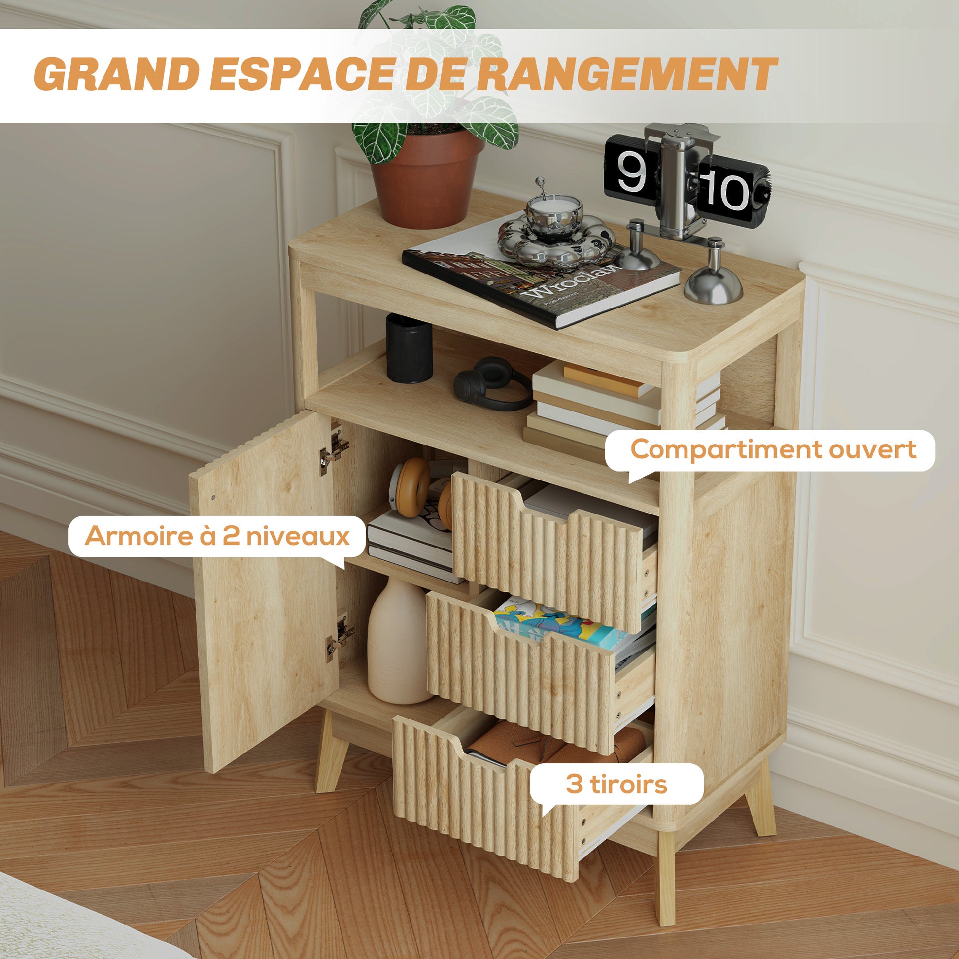 Modern Style Buffet Sideboard Storage Cabinet with Doors, Adjustable Shelf, and Open Shelf - Dining Room, Kitchen, and Living Room Buffet, 60 x 30 x 81 cm, Natural Wood