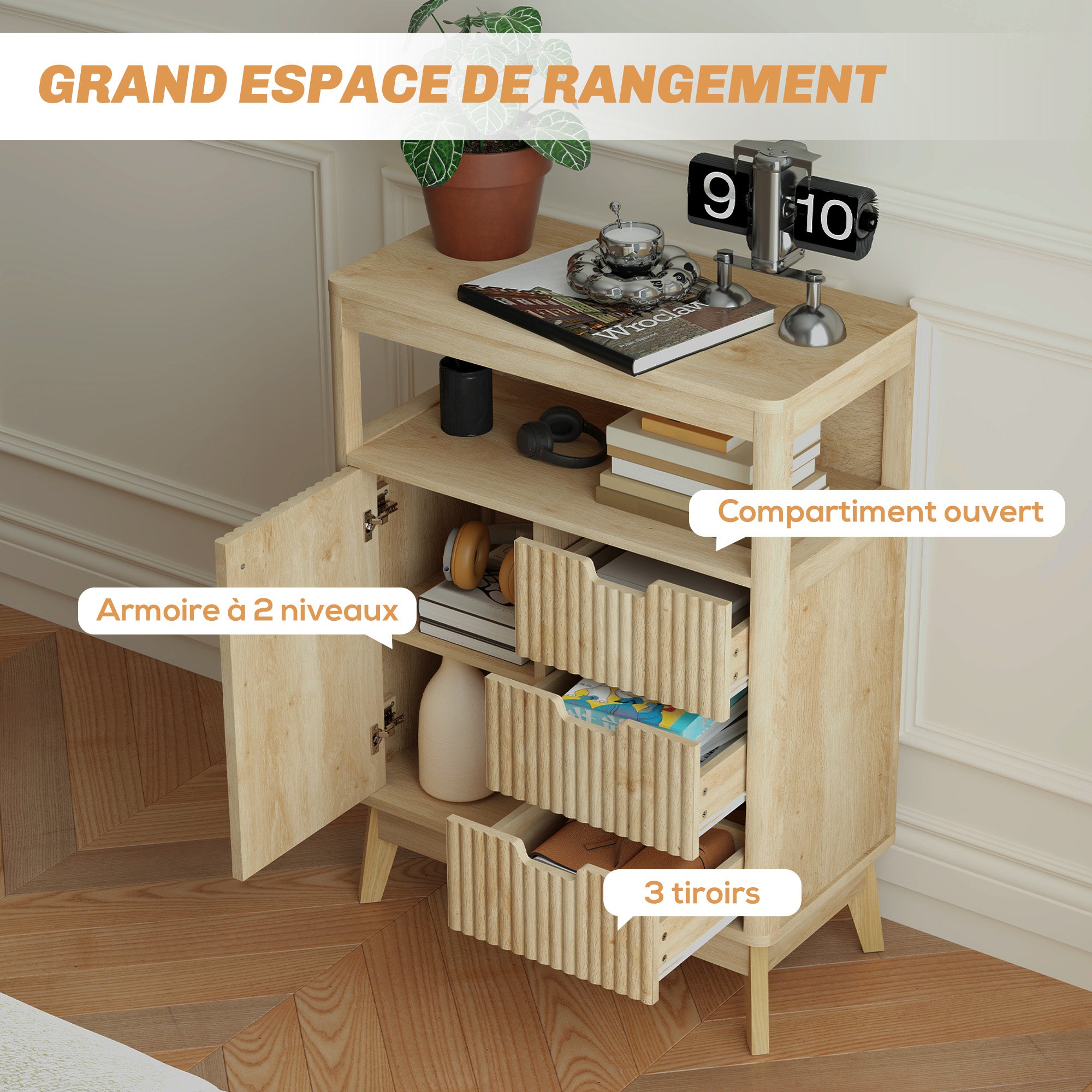 Modern Style Buffet Sideboard Storage Cabinet with Doors, Adjustable Shelf, and Open Shelf - Dining Room, Kitchen, and Living Room Buffet, 60 x 30 x 81 cm, Natural Wood