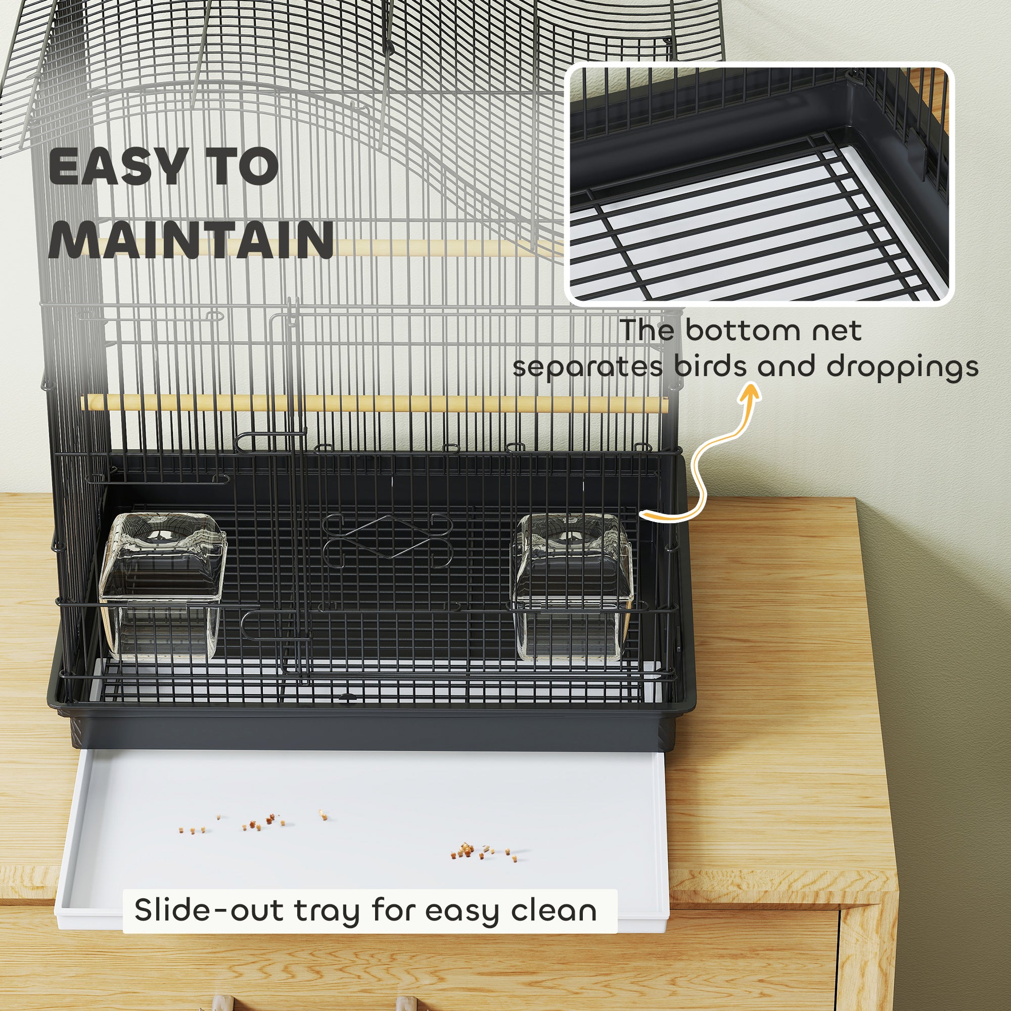 4-Access Bird Cage with 2 Bowls, 2 Perches & Removable Tray — Metal & Plastic, 18.7 x 14.2 x 21.5 in (47.5 x 36 x 54.5 cm) — Black