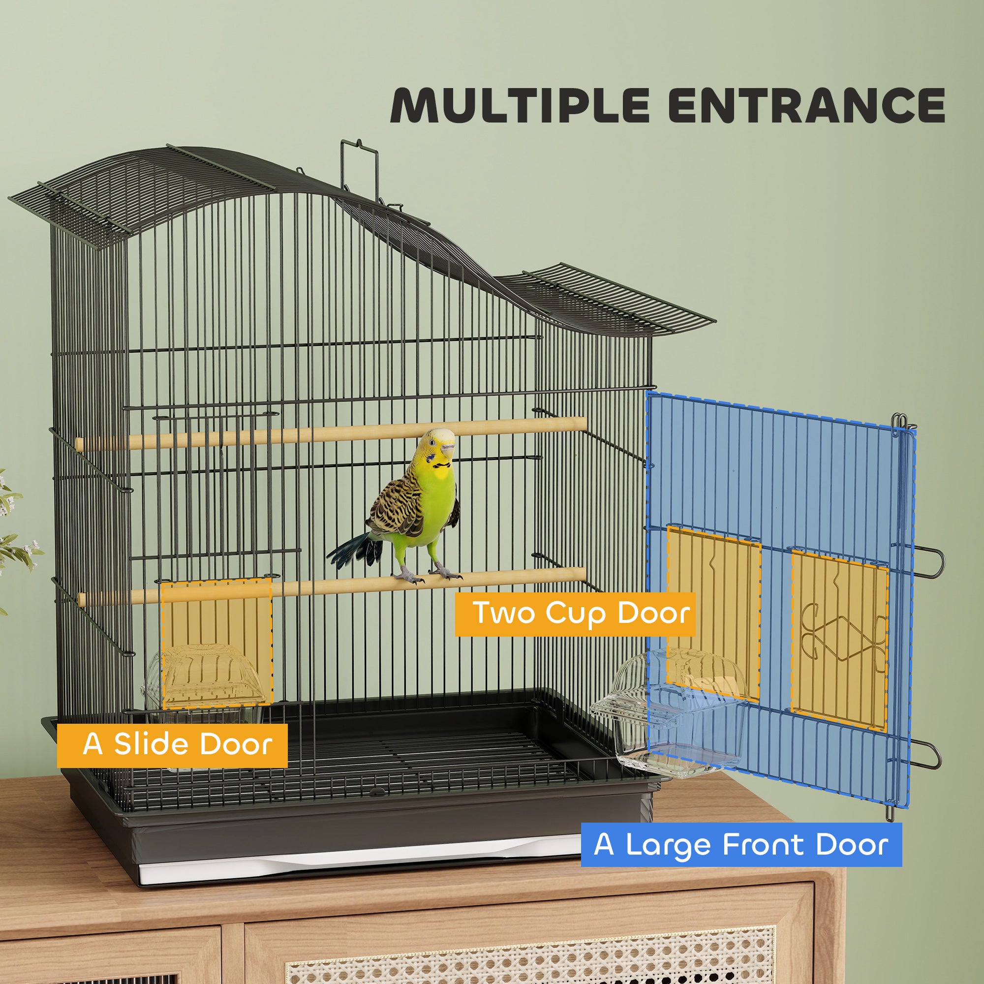 4-Access Bird Cage with 2 Bowls, 2 Perches & Removable Tray — Metal & Plastic, 18.7 x 14.2 x 21.5 in (47.5 x 36 x 54.5 cm) — Black