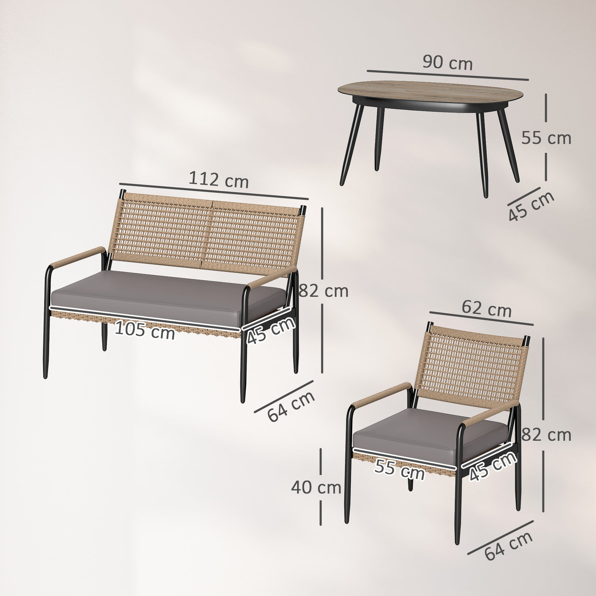 Garden Furniture Set made of Polyrattan Lounge Set with 2-Seater Sofa Armchair Glass Table Cushion Weatherproof Seating Group for 4 Persons Outdoor Balcony Furniture Set Patio Furniture for Garden Balcony Dark Grey+Yellow