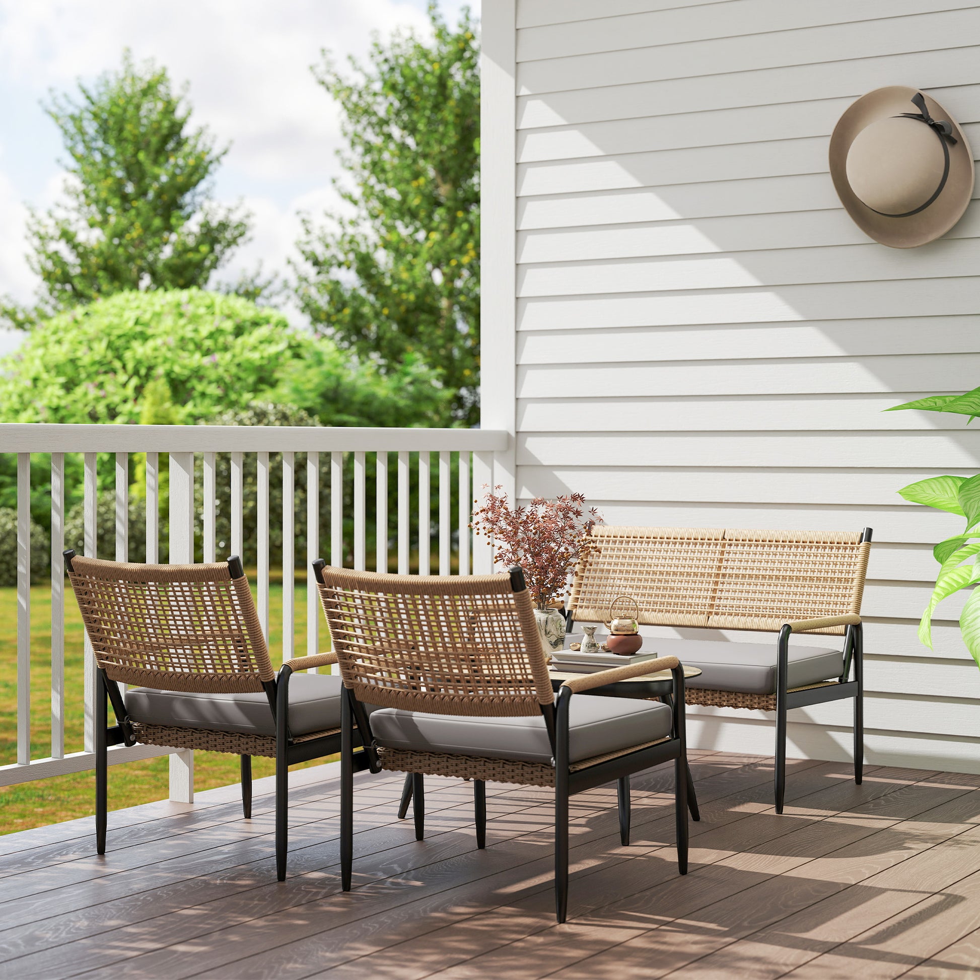 Garden Furniture Set made of Polyrattan Lounge Set with 2-Seater Sofa Armchair Glass Table Cushion Weatherproof Seating Group for 4 Persons Outdoor Balcony Furniture Set Patio Furniture for Garden Balcony Dark Grey+Yellow