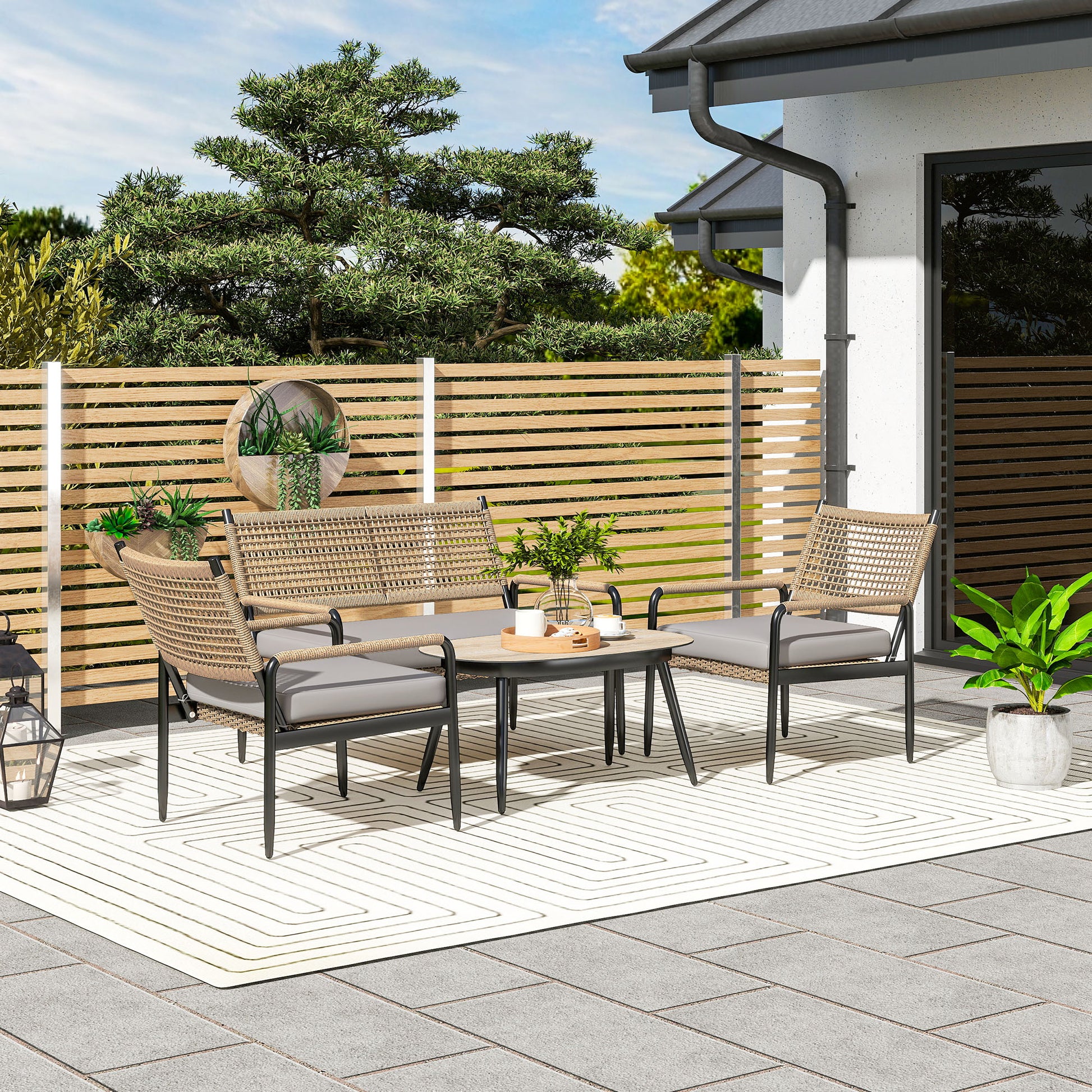 Garden Furniture Set made of Polyrattan Lounge Set with 2-Seater Sofa Armchair Glass Table Cushion Weatherproof Seating Group for 4 Persons Outdoor Balcony Furniture Set Patio Furniture for Garden Balcony Dark Grey+Yellow