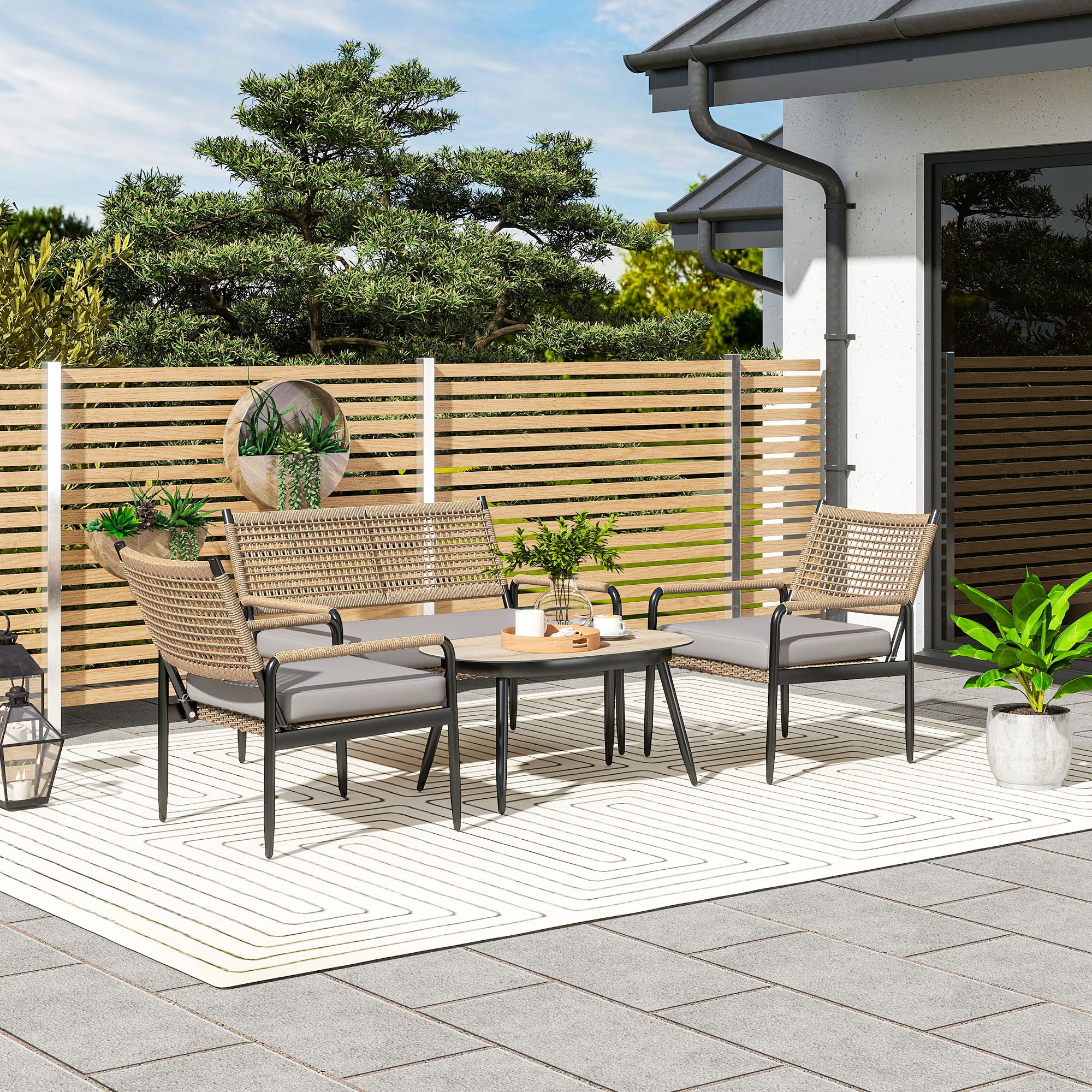 Garden Furniture Set made of Polyrattan Lounge Set with 2-Seater Sofa Armchair Glass Table Cushion Weatherproof Seating Group for 4 Persons Outdoor Balcony Furniture Set Patio Furniture for Garden Balcony Dark Grey+Yellow