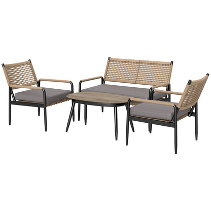 Garden Furniture Set made of Polyrattan Lounge Set with 2-Seater Sofa Armchair Glass Table Cushion Weatherproof Seating Group for 4 Persons Outdoor Balcony Furniture Set Patio Furniture for Garden Balcony Dark Grey+Yellow