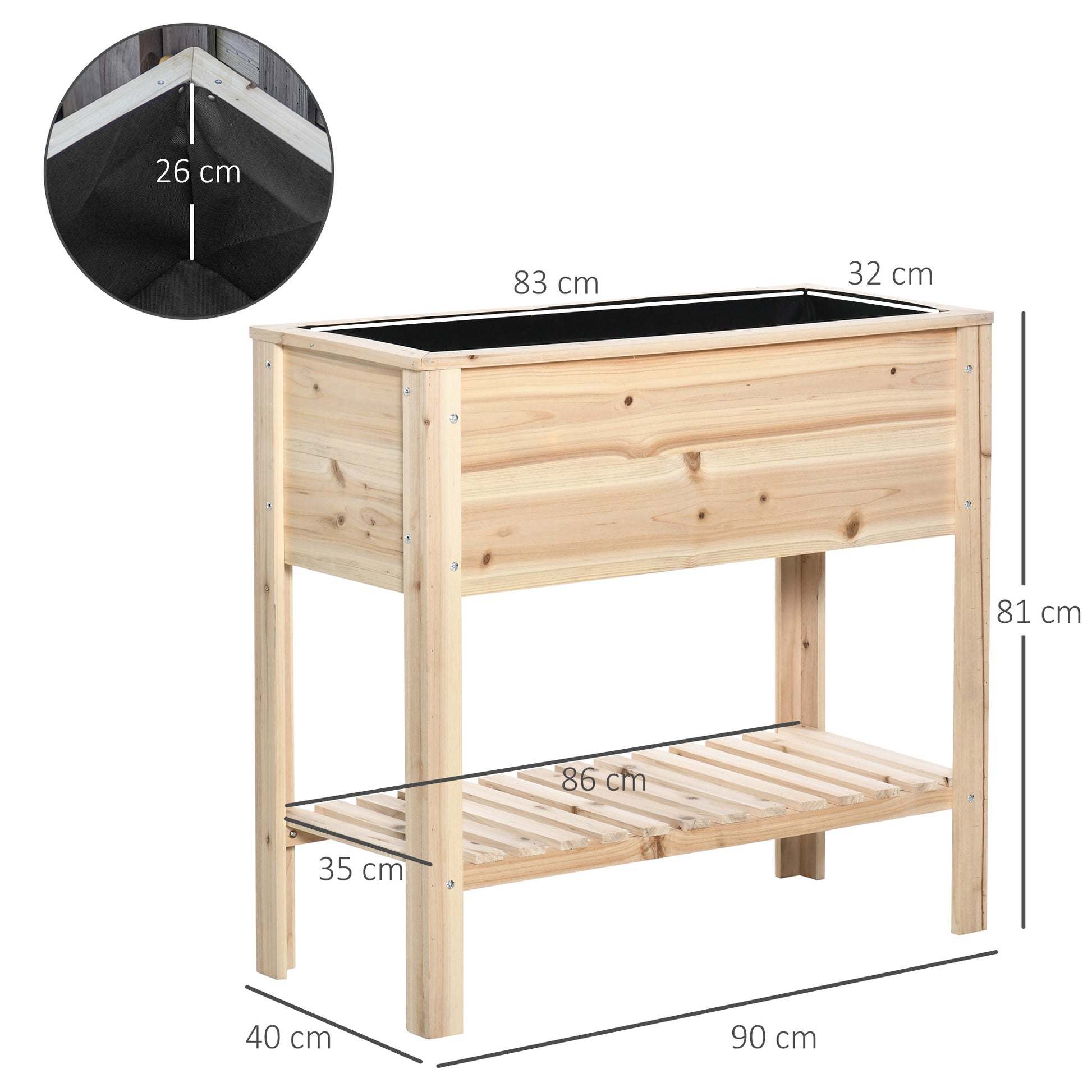 Raised Urban Garden with Shelf 90x40x81 cm Planting Table made of Natural Wood with Non-Woven Fabric for Cultivating Plants Flowers Garden Natural
