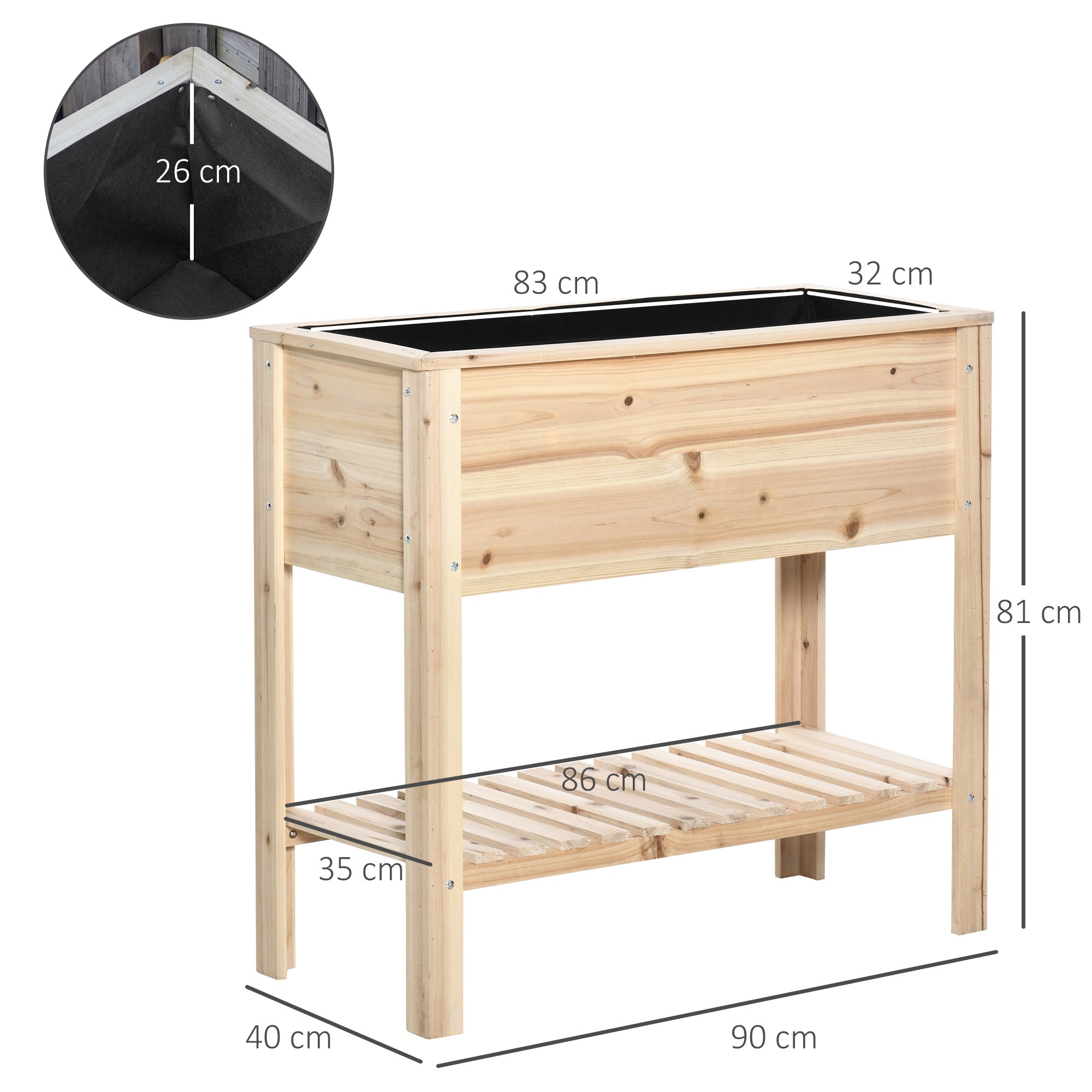Raised Urban Garden with Shelf 90x40x81 cm Planting Table made of Natural Wood with Non-Woven Fabric for Cultivating Plants Flowers Garden Natural
