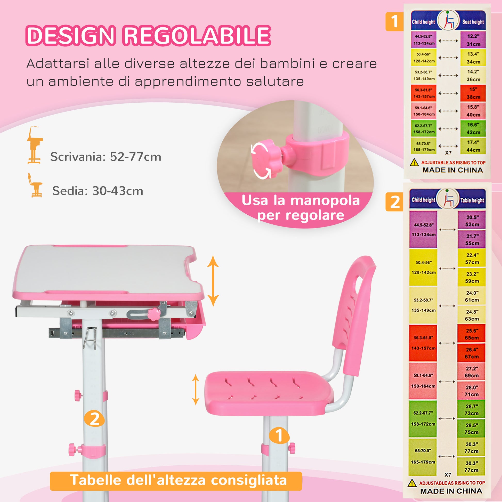 Adjustable Height School Desk for Children 6-12 Years, Desk and Chair Set with 45° Tilting Desktop, Drawer, 2 Pen Holders, and Hook, Pink