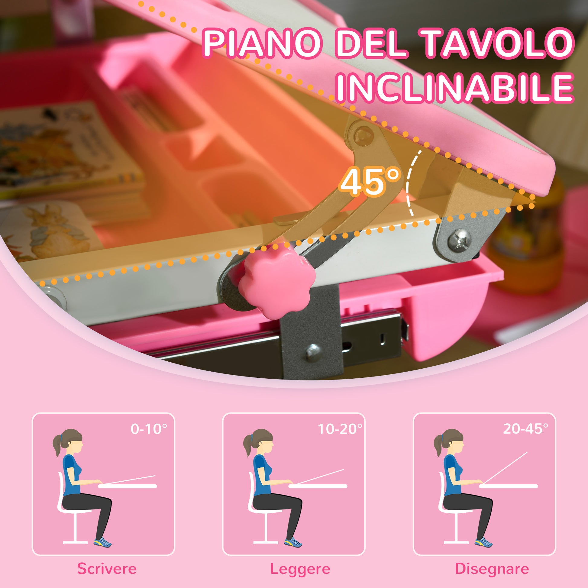 Adjustable Height School Desk for Children 6-12 Years, Desk and Chair Set with 45° Tilting Desktop, Drawer, 2 Pen Holders, and Hook, Pink