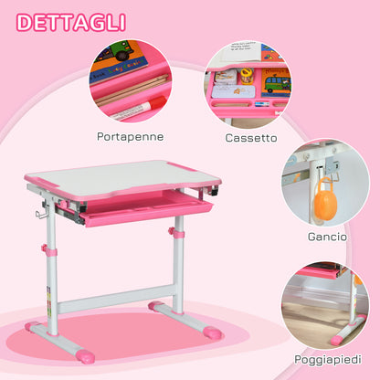 Adjustable Height School Desk for Children 6-12 Years, Desk and Chair Set with 45° Tilting Desktop, Drawer, 2 Pen Holders, and Hook, Pink