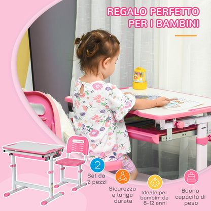 Adjustable Height School Desk for Children 6-12 Years, Desk and Chair Set with 45° Tilting Desktop, Drawer, 2 Pen Holders, and Hook, Pink