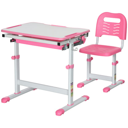 Adjustable Height School Desk for Children 6-12 Years, Desk and Chair Set with 45° Tilting Desktop, Drawer, 2 Pen Holders, and Hook, Pink