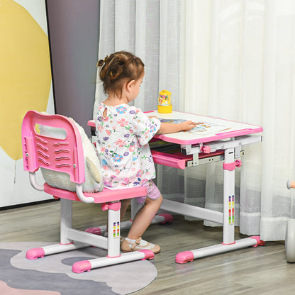 Adjustable Height School Desk for Children 6-12 Years, Desk and Chair Set with 45° Tilting Desktop, Drawer, 2 Pen Holders, and Hook, Pink